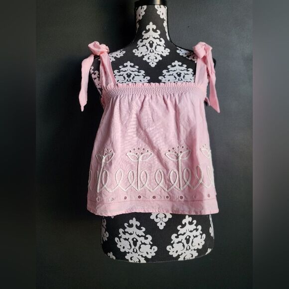 Something Navy Embroidered Tie Strap Top in Pink White Sz S - Picture 1 of 9